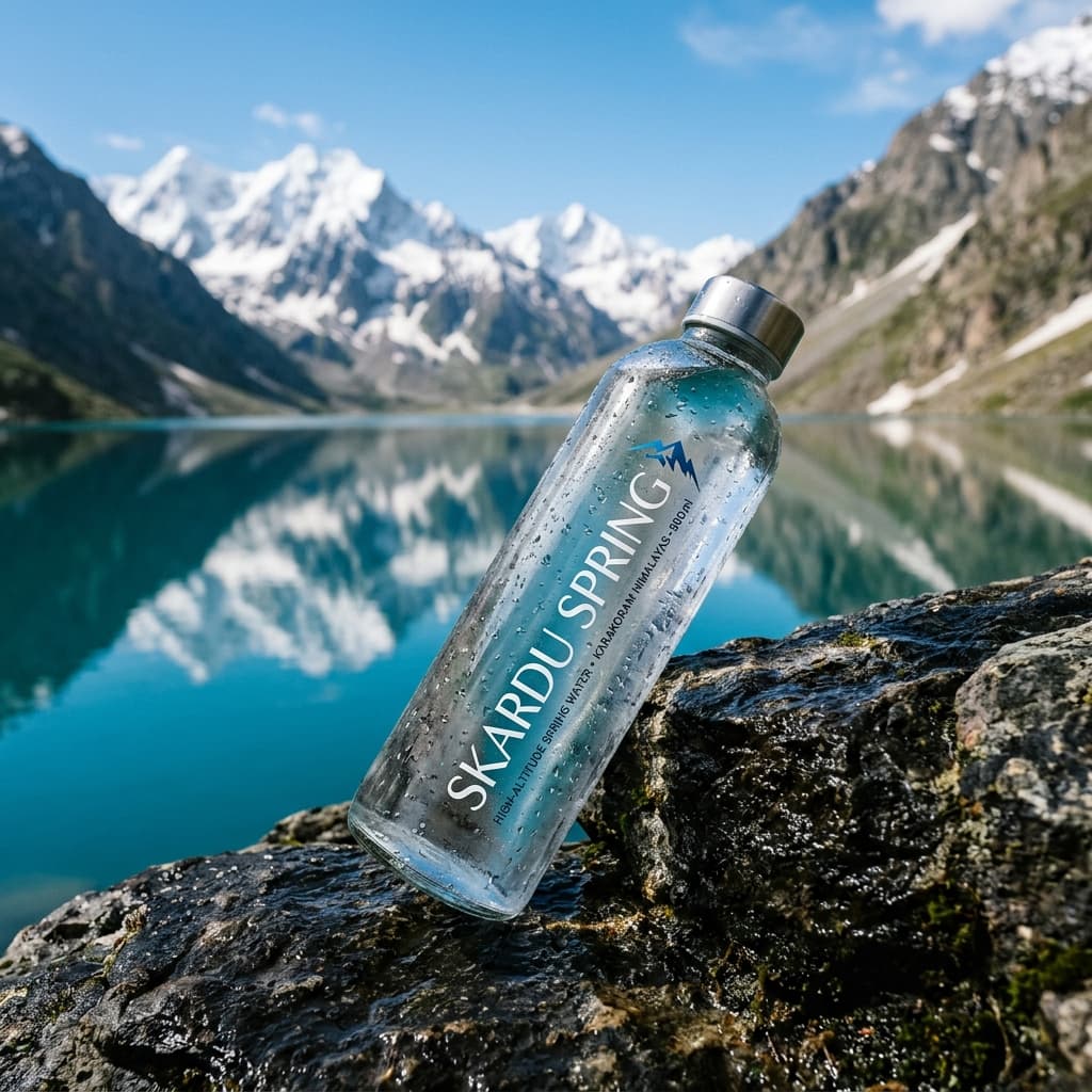 A Skardu Spring bottle beside a mountain lake