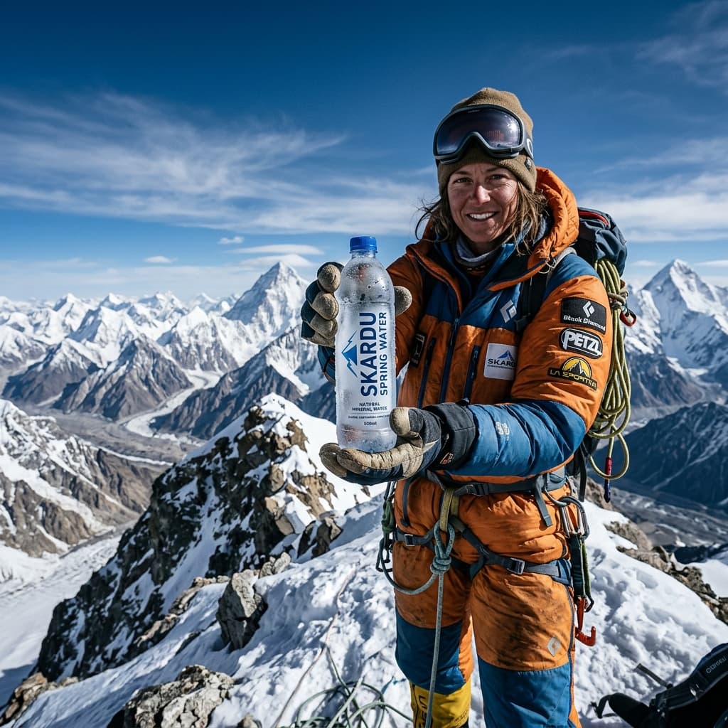 A climber holding a Skardu Spring bottle in a mountain scene