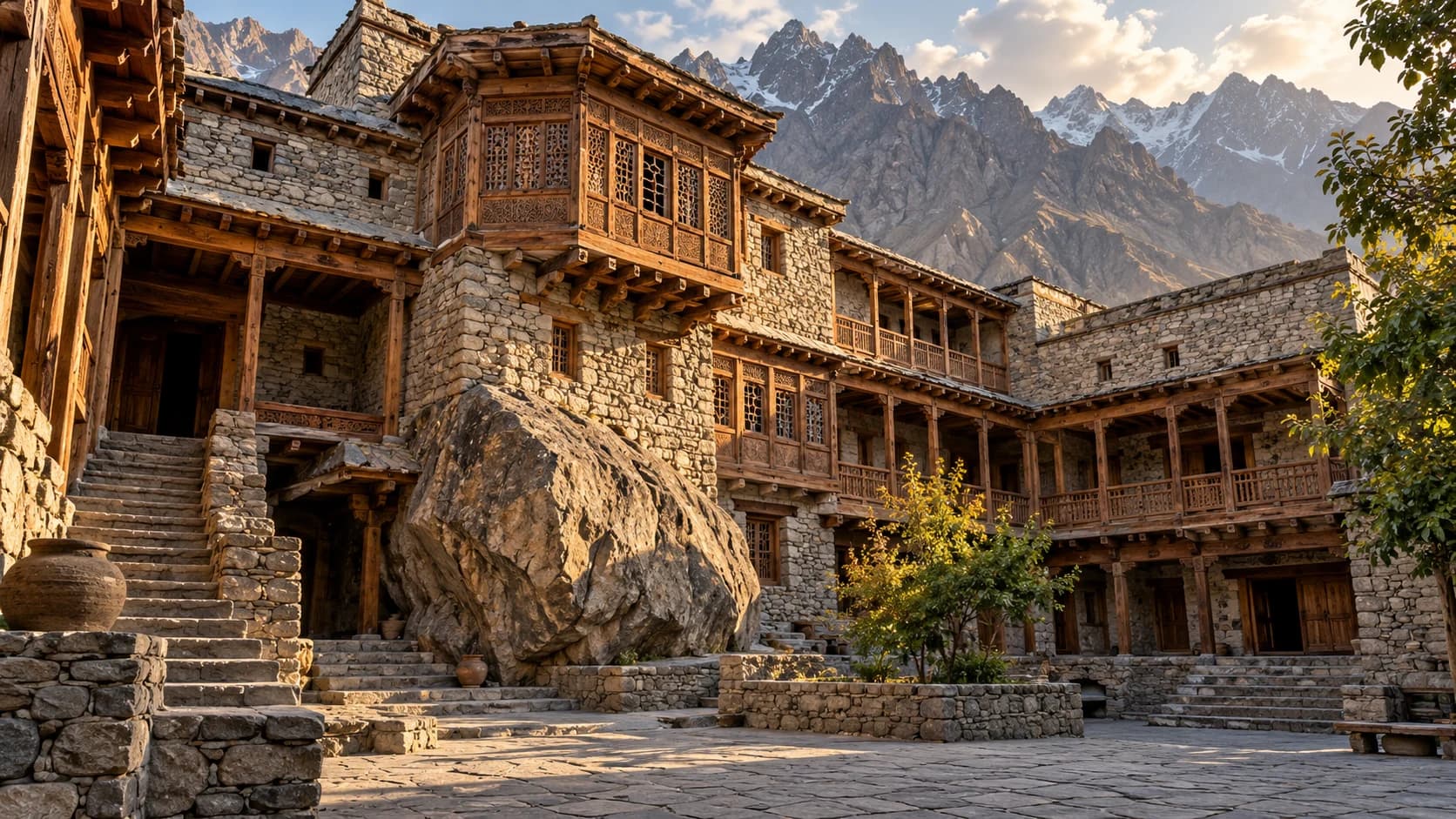 An artistic interpretation of a traditional Balti stone and carved timber fort courtyard