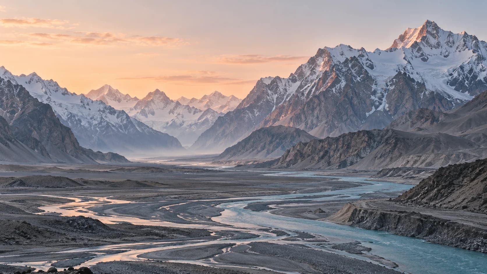 An artistic view of a glacial river below the rugged Karakoram mountains at dawn