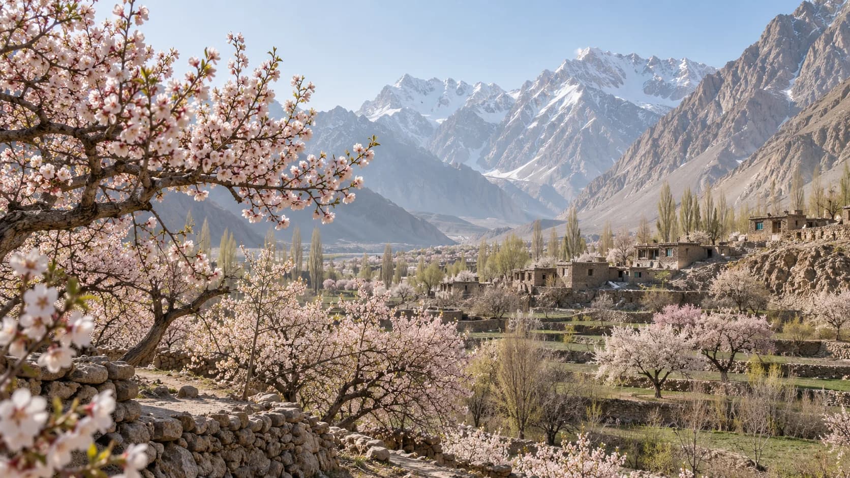 An artistic view of apricot blossoms and terraced Balti orchards beneath mountain peaks