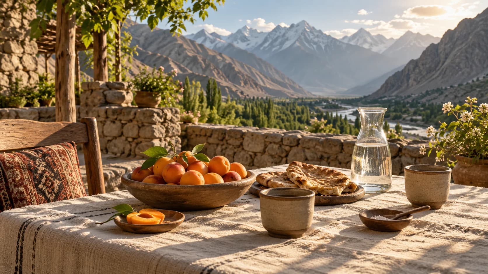 An artistic still life of a shared table with ceramic cups, apricots and a mountain view
